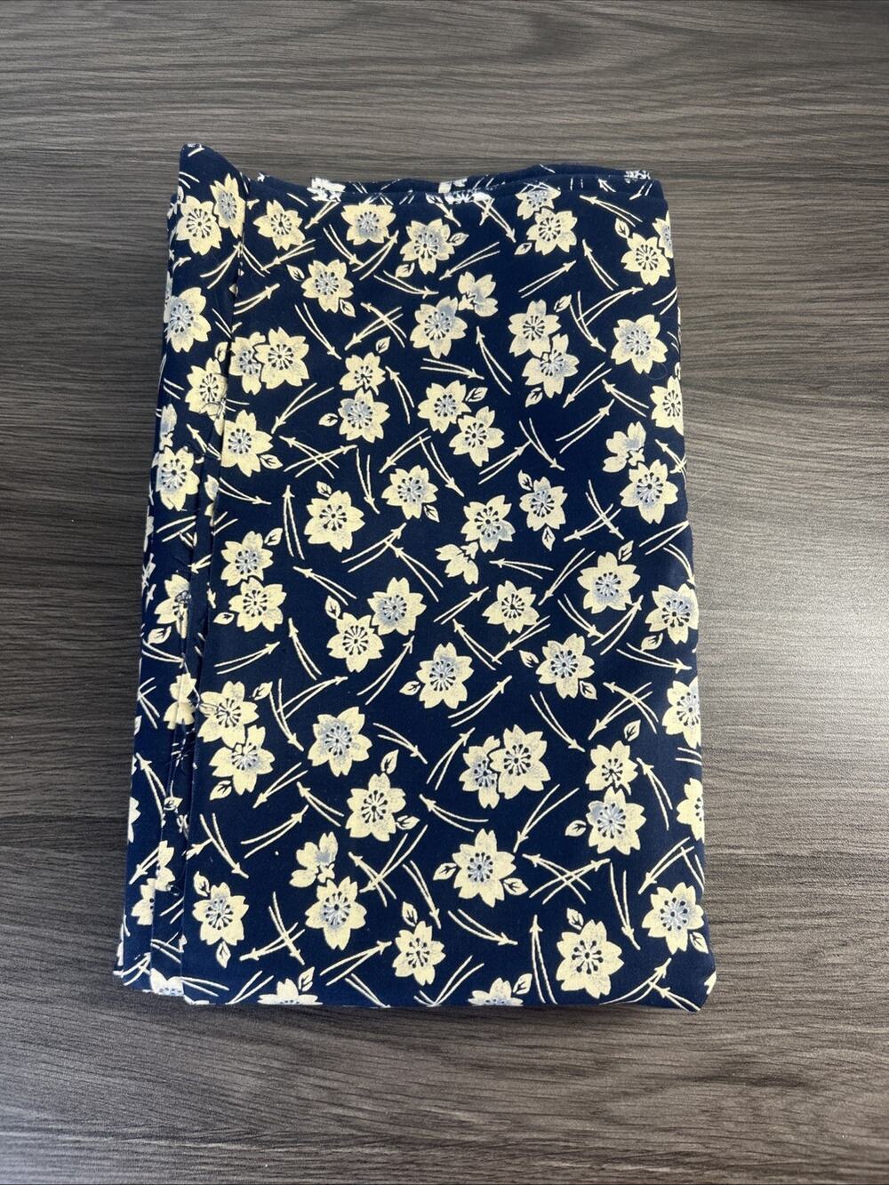 Navy Blue Tan Floral 100% Cotton Fabric 44 x 55 Sewing Quilting Vintage 1980s